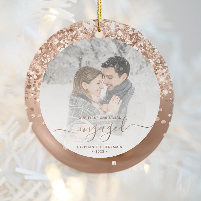 First Christmas Engaged Photo Rose Gold Glitter Ceramic Ornament (Creator Uploaded)