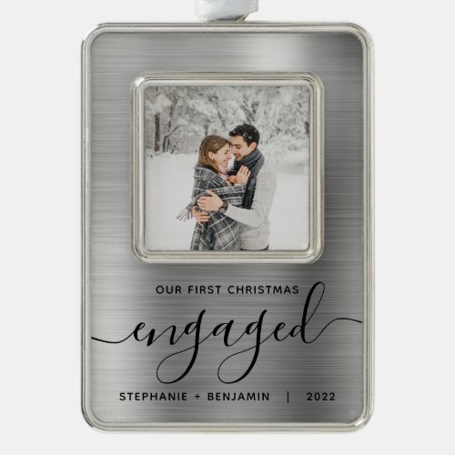 First Christmas Engaged Photo Silver Brushed Metal Christmas Ornament