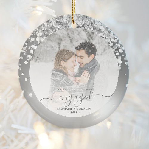 First Christmas Engaged Photo Silver Faux Glitter Ceramic Ornament