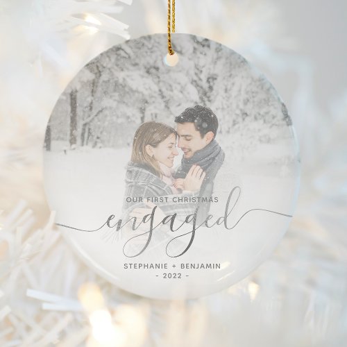 First Christmas Engaged Photo Silver Script Ceramic Ornament