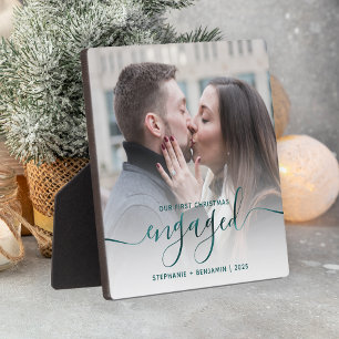 First Christmas Engaged Photo Teal Blue Script Plaque