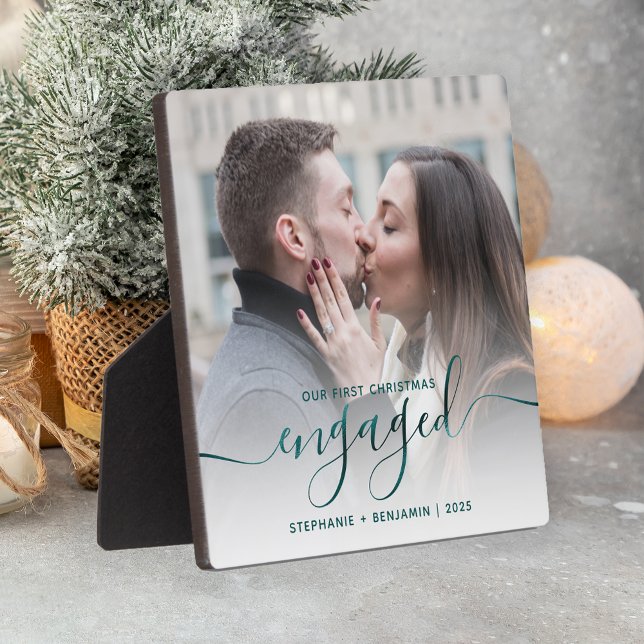 First Christmas Engaged Photo Teal Blue Script Plaque (Creator Uploaded)