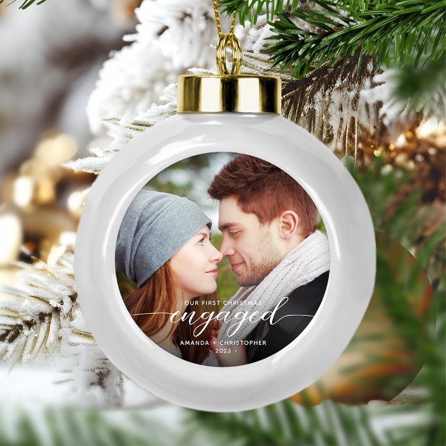 First Christmas Engaged Photo White Modern Ceramic Ball Christmas Ornament (Creator Uploaded)
