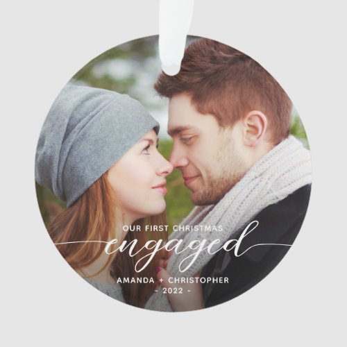 First Christmas Engaged Photo White Modern Ornament