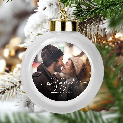 First Christmas Engaged Photo White Script Ceramic Ball Christmas Ornament