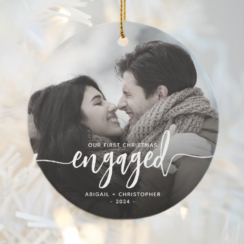 First Christmas Engaged Photo White Script Ceramic Ornament