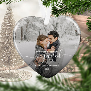 First Christmas Engaged Photo White Script Heart Ornament