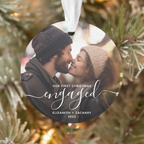First Christmas Engaged Photo White Script Ornament