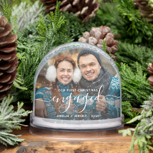 First Christmas Engaged Photo White Script Snow Globe