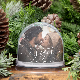 First Christmas Engaged Photo White Script Snow Globe