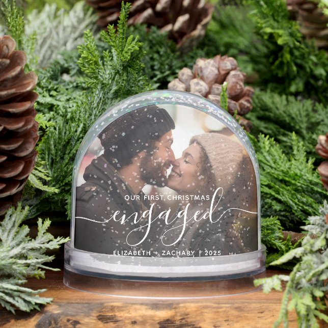 First Christmas Engaged Photo White Script Snow Globe (Winter)