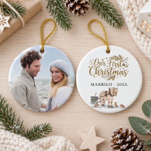 First Christmas Engaged Photo Winter Horse Ceramic Ornament