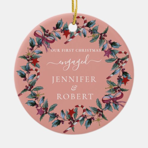 First Christmas Engaged Photo Wreath Ceramic Ornament