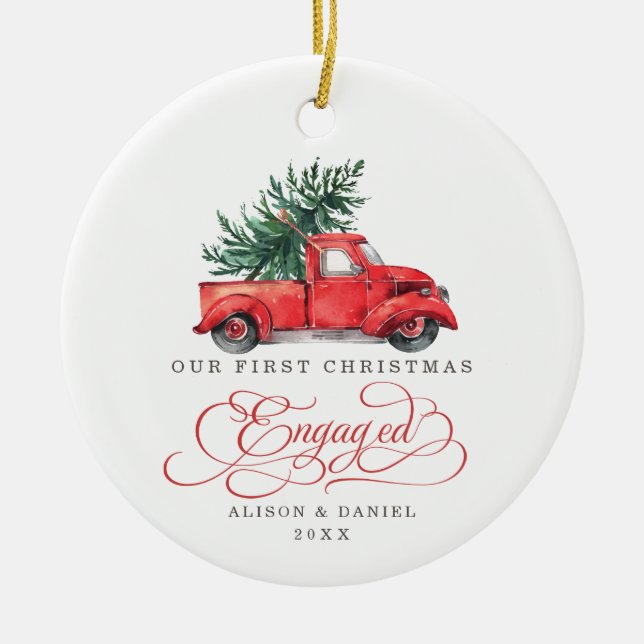 First Christmas Engaged Pre Wedding Pine Tree Ceramic Ornament (Front)