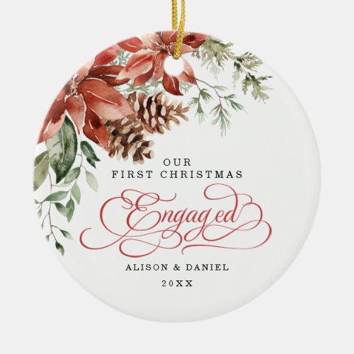 First Christmas Engaged Pre Wedding Poinsettia Ceramic Ornament