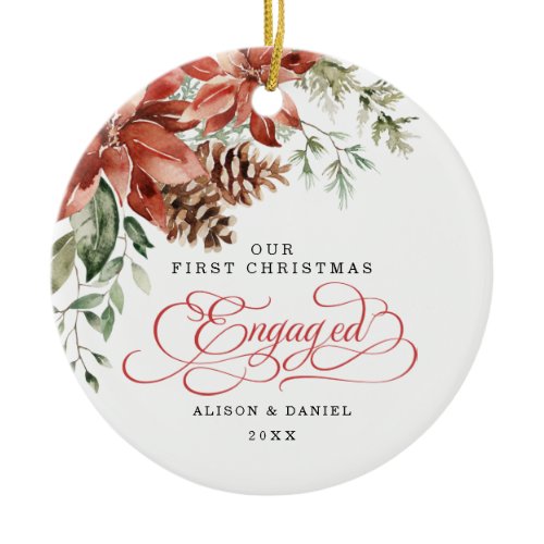 First Christmas Engaged Pre Wedding Poinsettia Ceramic Ornament