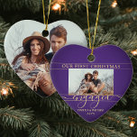 First Christmas Engaged Purple & Gold Photo Heart Ceramic Ornament<br><div class="desc">Celebrate the joyful 1st holiday of your engagement with a custom photo heart-shaped "Our First Christmas Engaged" ceramic ornament. All wording on this template is simple to personalize. Customize the script typography to read "Together, " "Married" or other text. (IMAGE PLACEMENT TIP: An easy way to position a photo exactly...</div>