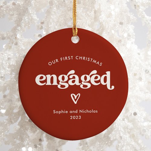 First Christmas Engaged  Red and White with Heart Ceramic Ornament