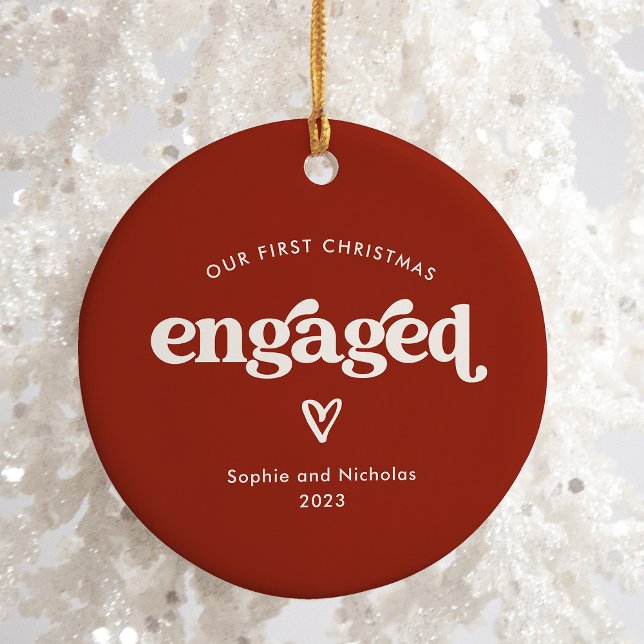 First Christmas Engaged | Red and White with Heart Ceramic Ornament (A colorful, festive red and white holiday ornament keepsake for their first Christmas engaged)
