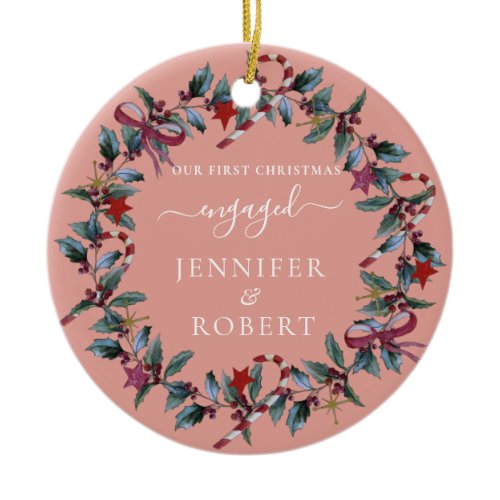 First Christmas Engaged Rose Wreath Ceramic Ornament