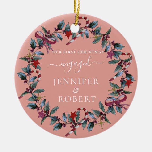 First Christmas Engaged Rose Wreath Ceramic Ornament (Front)