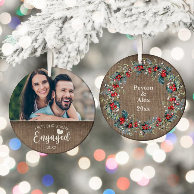 First Christmas Engaged Rustic Burlap Photo Ceramic Ornament (First engaged Christmas photo ornament)