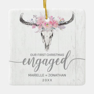 First Christmas Engaged Rustic Cow Skull Photo Ceramic Ornament