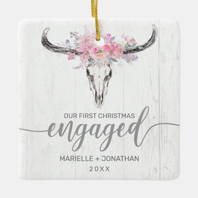 First Christmas Engaged Rustic Cow Skull Photo Ceramic Ornament (Front)