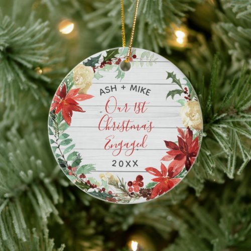 First Christmas Engaged Rustic Floral Wreath Photo Ceramic Ornament