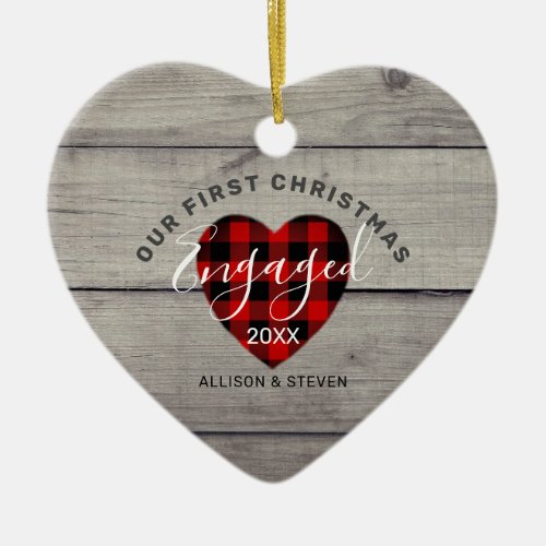First Christmas Engaged Rustic Heart Customized Ceramic Ornament