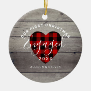First Christmas Engaged Rustic Heart Personalized Ceramic Ornament