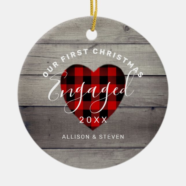 First Christmas Engaged Rustic Heart Personalized Ceramic Ornament (Front)