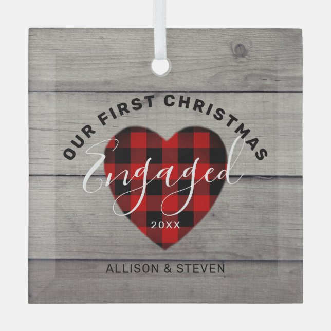 First Christmas Engaged Rustic Heart Personalized Glass Ornament (Front)