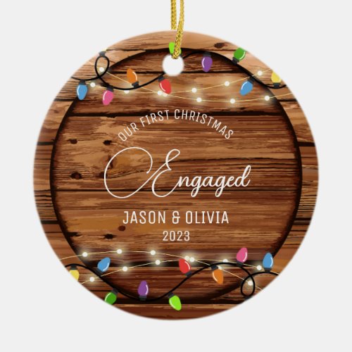 First Christmas Engaged Rustic String Light Photo Ceramic Ornament