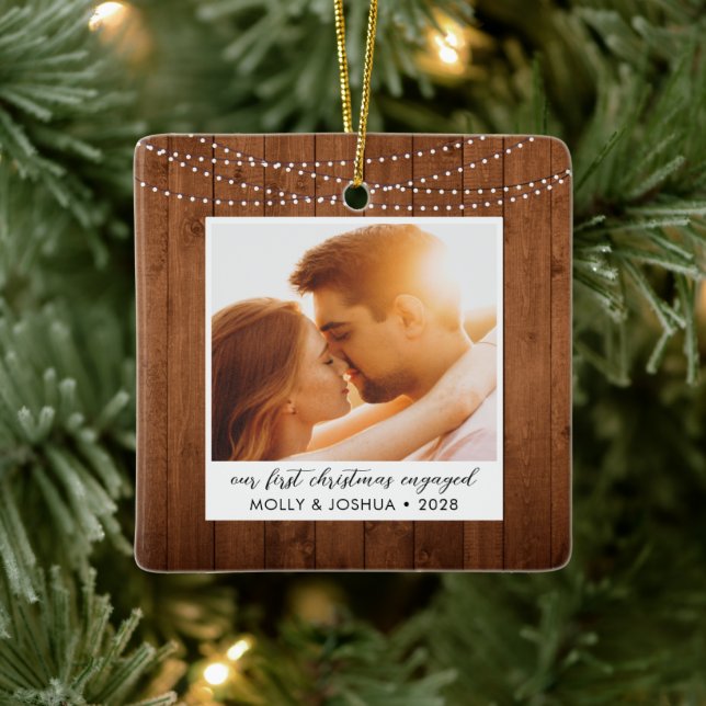 First Christmas Engaged Rustic String Lights Photo Ceramic Ornament (Tree)