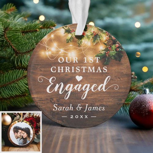 First Christmas Engaged Rustic String Lights Photo Ornament
