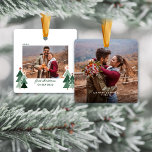 First Christmas Engaged Rustic Trees Photo Ceramic Ornament<br><div class="desc">First Christmas Engaged! Congratulations! Perfect for celebrating your engagement status or save the date in a fun, whimsical way! Cute, Modern yet Rustic Christmas Holiday Photo Square Ornaments featuring adorable little forests of rustic Christmas trees and Merry Christmas in modern typography. Add 2 of your favorite photos for the perfect...</div>