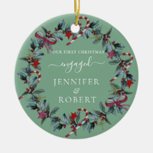 First Christmas Engaged Sage Green Wreath Ceramic Ornament
