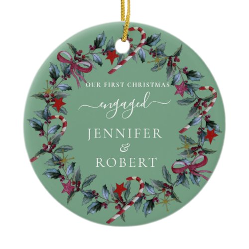 First Christmas Engaged Sage Green Wreath Ceramic Ornament