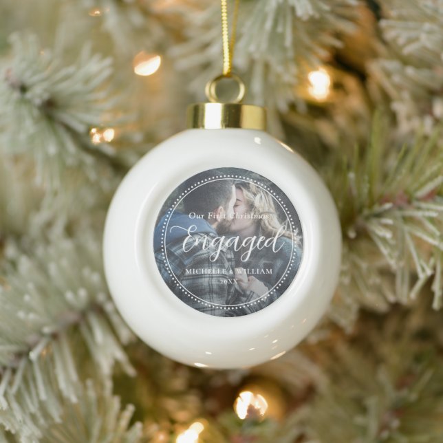 First Christmas Engaged Script Overlay Photo Ceramic Ball Christmas Ornament (Tree)