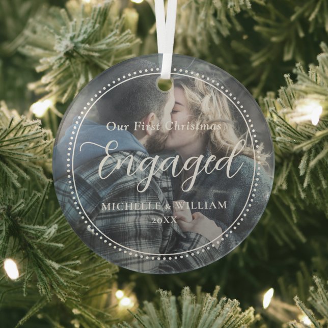 First Christmas Engaged Script Overlay Photo Glass Ornament (Insitu)