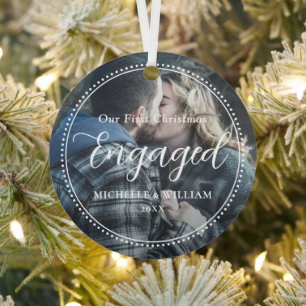First Christmas Engaged Script Overlay Photo Metal Ornament