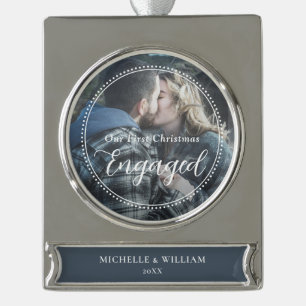 First Christmas Engaged Script Overlay Photo Silver Plated Banner Ornament