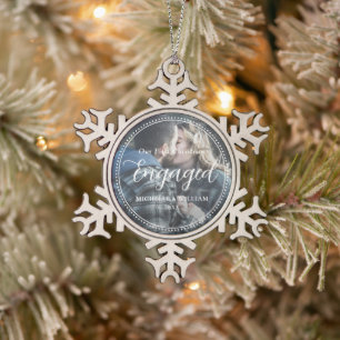First Christmas Engaged Script Overlay Photo Snowflake Pewter Christmas Ornament