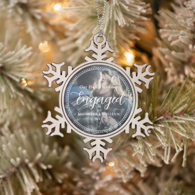 First Christmas Engaged Script Overlay Photo Snowflake Pewter Christmas Ornament (Tree)