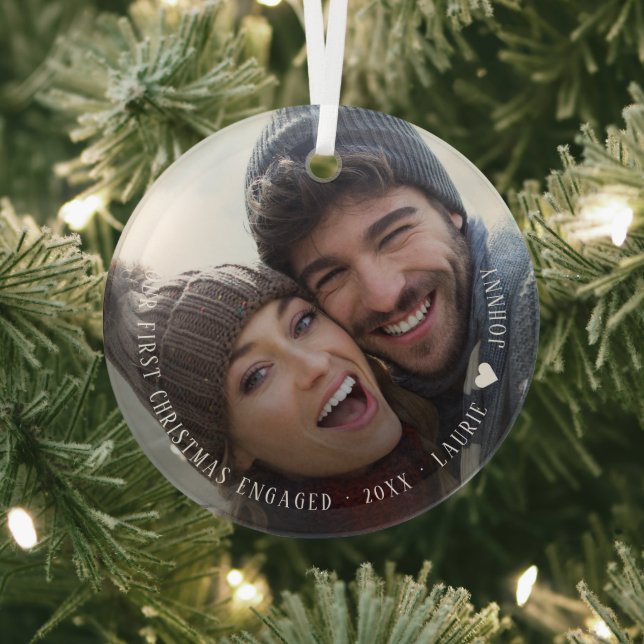 First Christmas Engaged Script Photo Ceramic Glass Ornament (Insitu)