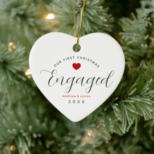 First Christmas Engaged Script Red Heart Custom Ceramic Ornament