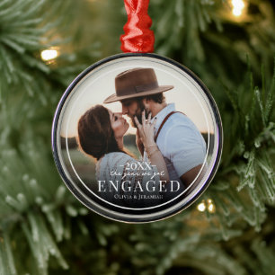 First Christmas Engaged Simple Border Photo  Metal Ornament