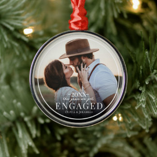 First Christmas Engaged Simple Border Photo Metal Ornament
