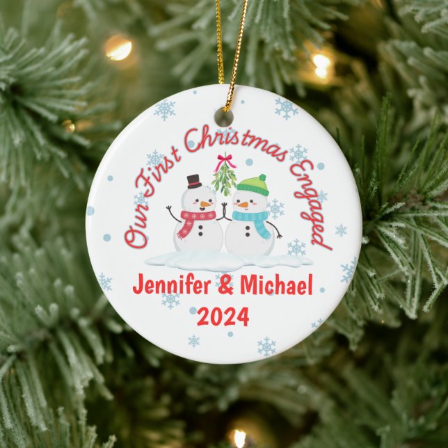 First Christmas Engaged Snowman Personalized Ceramic Ornament (Tree)